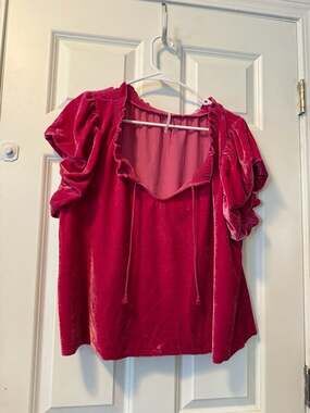 Free People Terese Velvet Blouse in Magenta Pink with Ruffle Sleeves